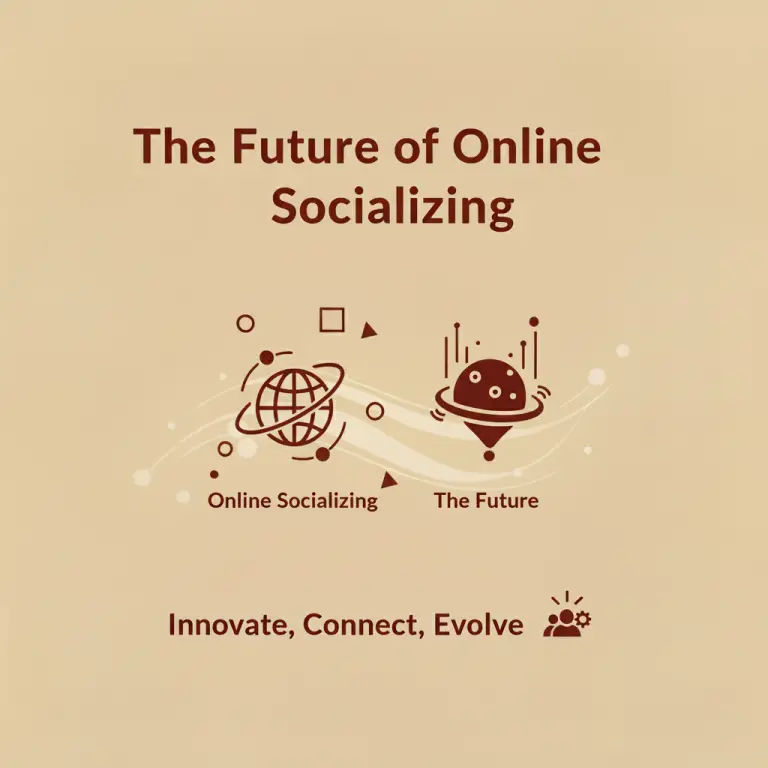 A graphic illustrating a globe and a futuristic floating object, representing the past and future of online socializing.