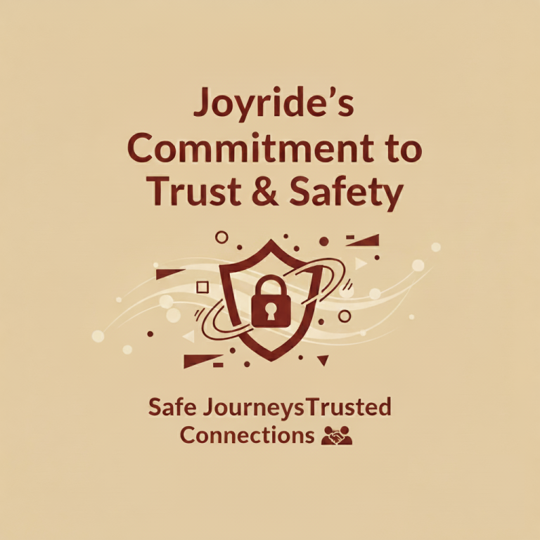Joyride's Commitment to Trust and Safety logo with a shield and padlock icon. A graphic for Joyride showing a shield with a padlock, symbolizing trust and safety. Graphic of a shield and padlock for Joyride, illustrating their commitment to safe journeys and trusted connections.