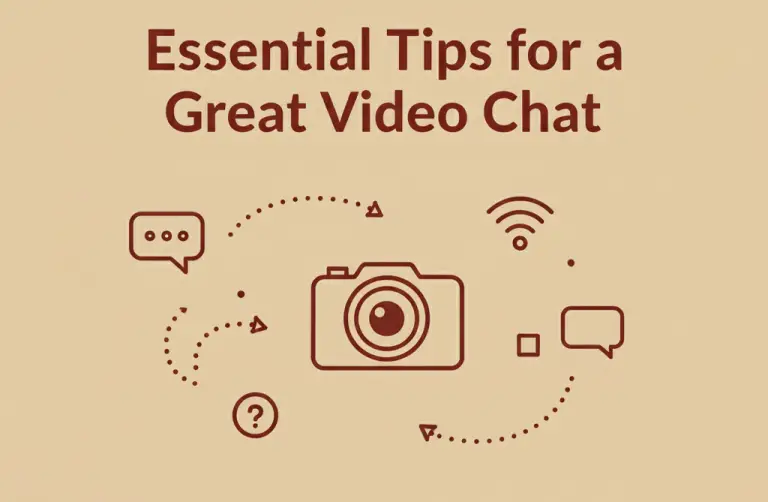 A minimalist, illustrative image with a warm, sandy background. The corrected text "Maximizing Your Joyrides Experience: Essential Tips for a Great Video Chat" is displayed in a deep reddish-brown, with abstract graphic elements related to video communication, such as a stylized camera or chat bubbles.