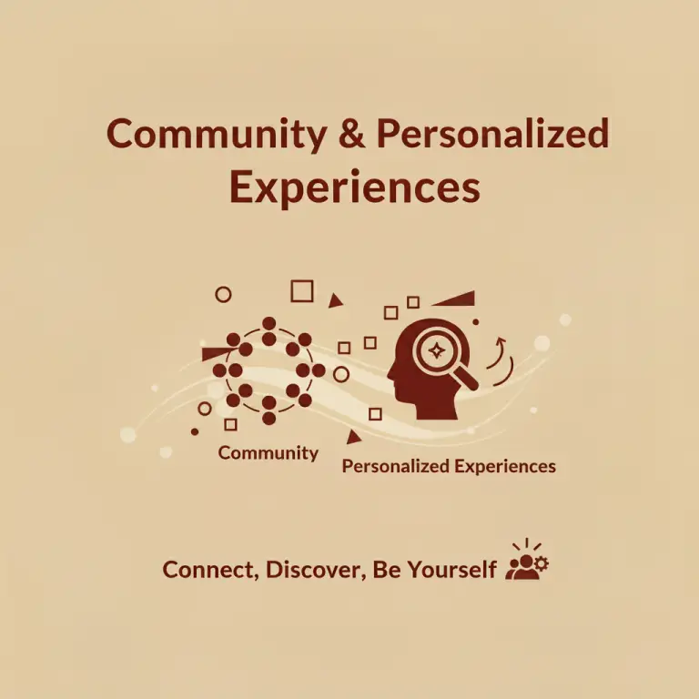 A graphic showing a network of people and a human silhouette with a magnifying glass, symbolizing community and personalized experiences.