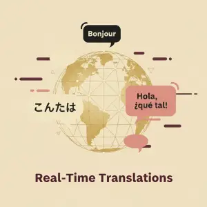 Image Alt Text An illustration of a gold-colored globe with three speech bubbles around it, each containing a different language greeting. One bubble says "Bonjour," another says "Hola, ¿qué tal!", and a third says "こんたは". The text "Real-Time Translations" is below the image.